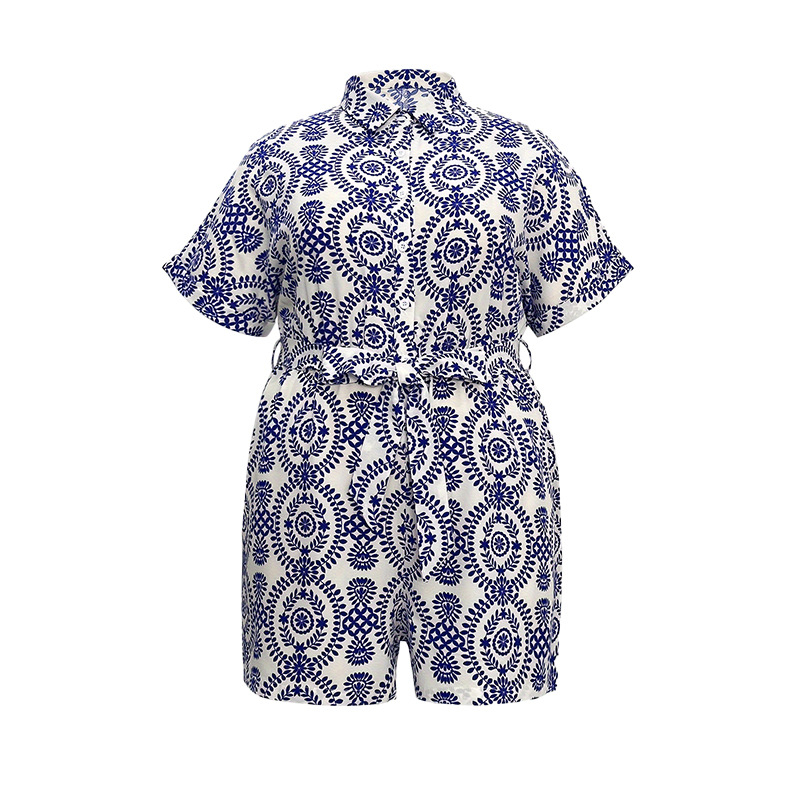 Ολόσωμη φόρμα με κοντά μανίκια, ελεύθερη γραμμή, εκτύπωση πορσελάνης, 100% πολυεστέρας