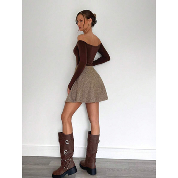 Φούστα mini σε γραμμή Α με ρετρό καρό μοτίβο (βαμβάκι φυσικού χρώματος, μίξη CVC, μικρή ελαστικότητα, άνετη γραμμή)