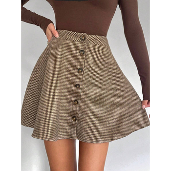 Φούστα mini σε γραμμή Α με ρετρό καρό μοτίβο (βαμβάκι φυσικού χρώματος, μίξη CVC, μικρή ελαστικότητα, άνετη γραμμή)