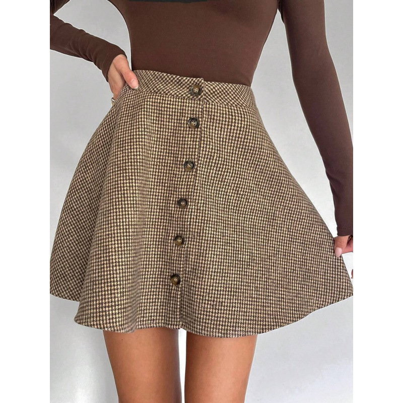 A līnijas mini svārki ar retro režģa rakstu (kokvilna dabīgā krāsojumā, CVC maisījums, neliela elastība, brīva piegriezuma)