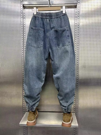 Мъжки памучни дънки с свободен силует, средна талия, пълна дължина и прави крачоли