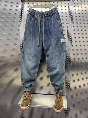 Мъжки памучни дънки с свободен силует, средна талия, пълна дължина и прави крачоли