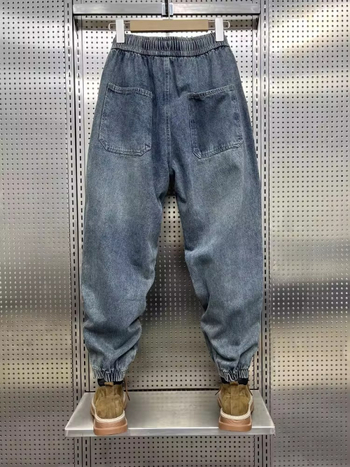 Мъжки памучни дънки с свободен силует, средна талия, пълна дължина и прави крачоли