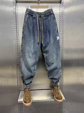 Мъжки памучни дънки с свободен силует, средна талия, пълна дължина и прави крачоли