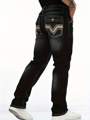 Мъжки дънкови панталони с прав крак, средна талия, цип, деним, висока еластичност