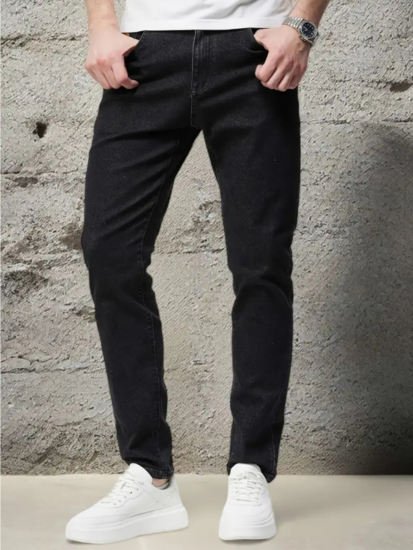 Férfi farmernadrág - egyenes szabású, középmagas derék, cipzáras, mosott denim