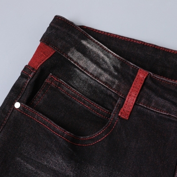 Мъжки дънкови панталони с еластичност, със скъсани дупки, тесен прав крак, ниска талия, цип