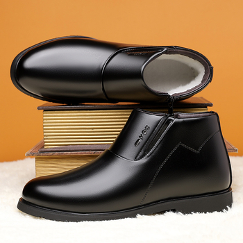 Ανδρικά χειμερινά μποτάκια υψηλού ύψους για επιχειρηματικό ντύσιμο, επάνω μέρος από συνθετικό δέρμα μικροϊνες, φλις επένδυση, σόλα καουτσούκ, πλαϊνό φερμουάρ, παχύ τακούνι