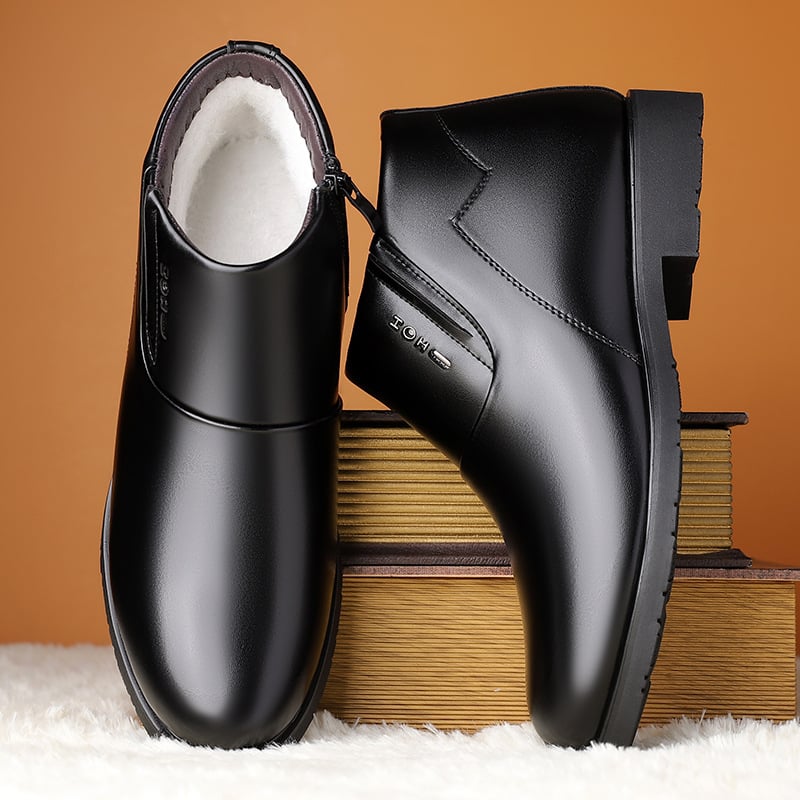 Vyrų žieminiai aukšti batai verslo stiliui, viršutinė micropluošto oda, fliso vidinis pamušalas, guminė danga/padas, šoninis užtrauktukas, storas kulnas