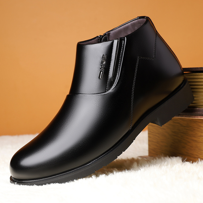 Vyrų žieminiai aukšti batai verslo stiliui, viršutinė micropluošto oda, fliso vidinis pamušalas, guminė danga/padas, šoninis užtrauktukas, storas kulnas