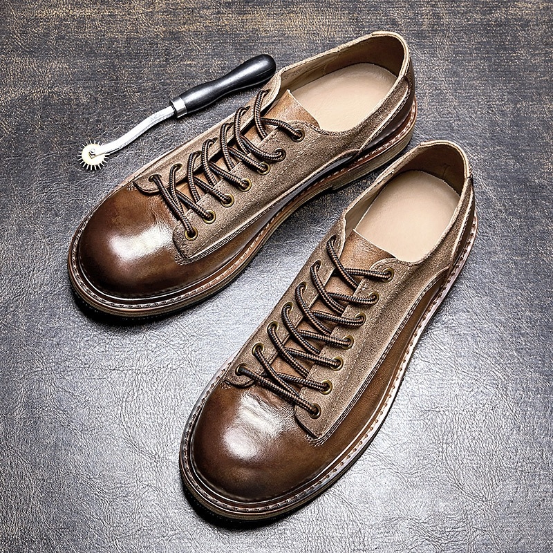 Vyriniai odiniai batai, vintage stilius, kasdieniai odiniai batai su guma padu, priekyje raišteliai