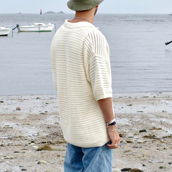 Ανδρικό πλεκτό πουκάμισο με κοντά μανίκια, V-λαιμό, στενή γραμμή, πολυεστερική ύφανση, ψηφιακή εκτύπωση