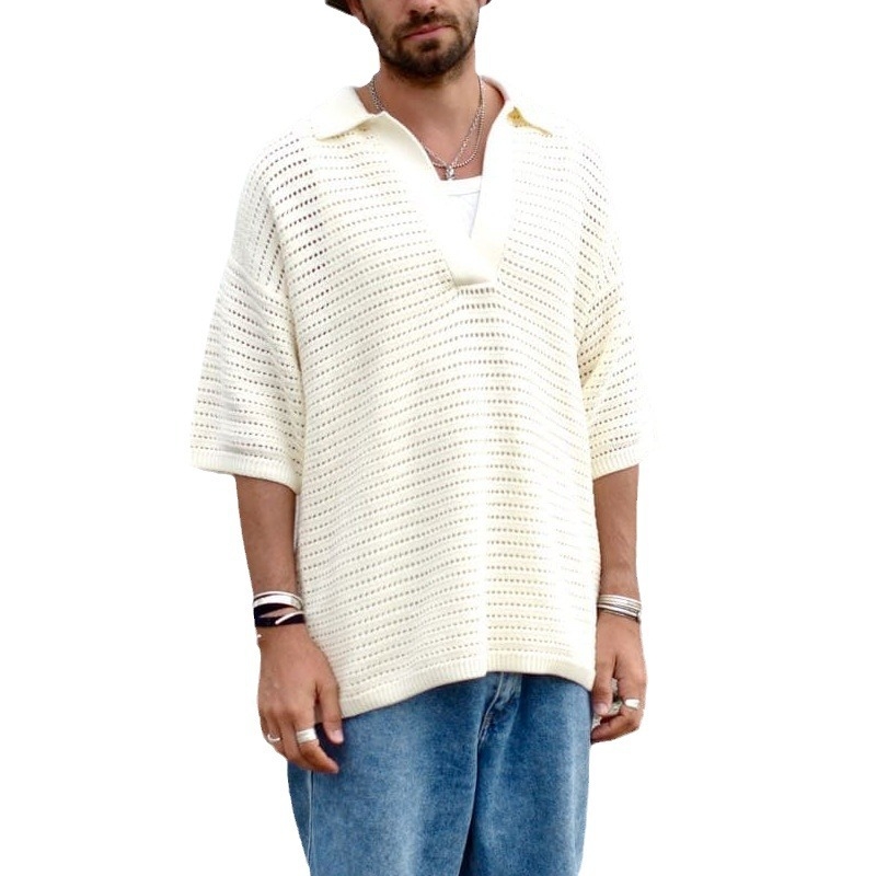 Vyriški megztiniai trumpomis rankovėmis marškiniai, V kaklas, siauras kirpimas, poliesterio audinys, skaitmeninė spauda