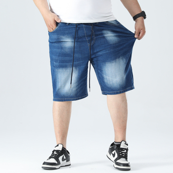 Мъжки дънкови къси панталони с еластичен пояс, памучен деним, средна дължина, права кройка