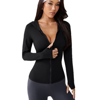 Женско спортно яке с качулка и цип за жени - дълъг ръкав, тесен силует, ханшова дължина, полиестер