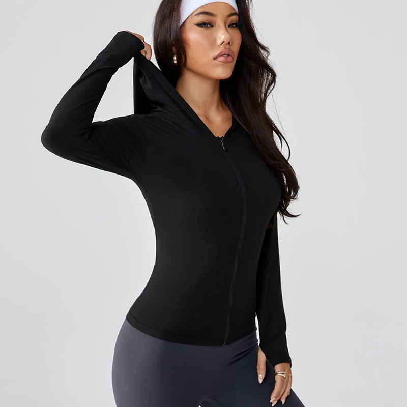 Női kapucnis zipzáros sportkabát - hosszú ujjú, karcsú szabású, csípőig érő hosszúság, poliészter