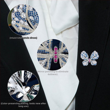 Καρφίτσα πεταλούδας, βάση από χαλκό με ζιρκόνιο ενθετό επένδυση, τεχνική ενθέτου