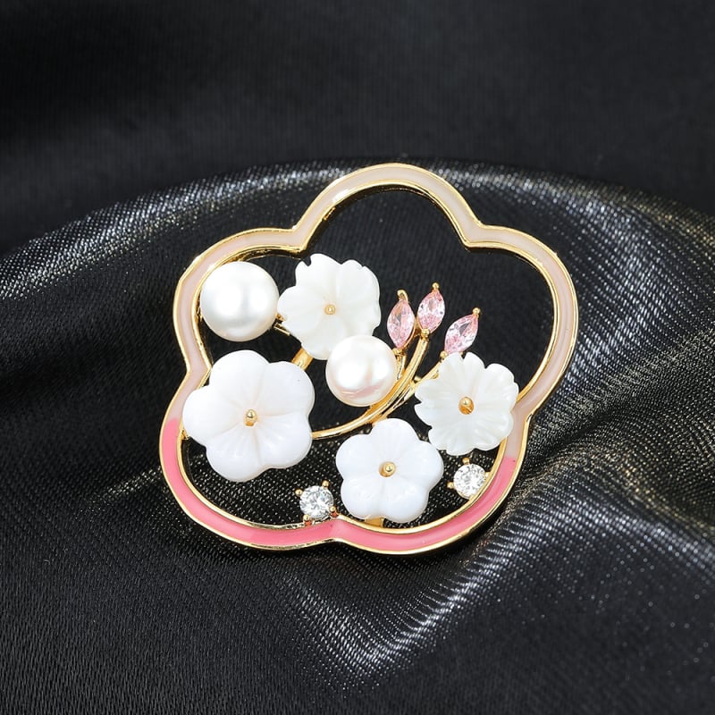 Plūmų žiedo formos broša, vario pagrindas, su deimantų įdėjimu, cirkonų įdėklas, moterims, paprastas stilius