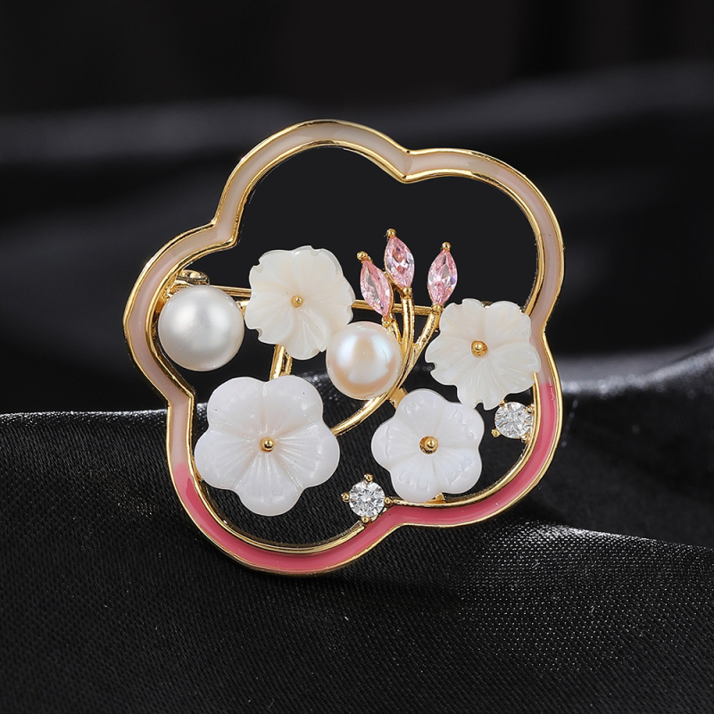 Plūmų žiedo formos broša, vario pagrindas, su deimantų įdėjimu, cirkonų įdėklas, moterims, paprastas stilius