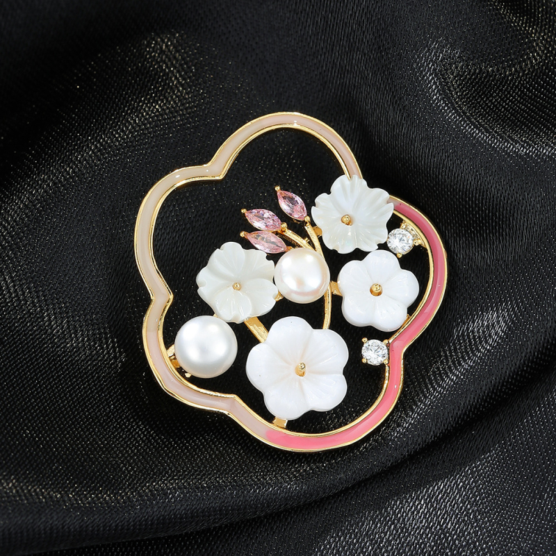 Plūmų žiedo formos broša, vario pagrindas, su deimantų įdėjimu, cirkonų įdėklas, moterims, paprastas stilius