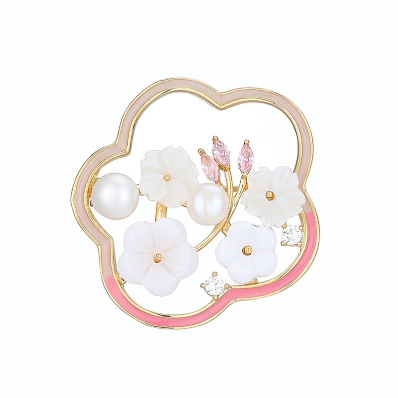 Plūmų žiedo formos broša, vario pagrindas, su deimantų įdėjimu, cirkonų įdėklas, moterims, paprastas stilius