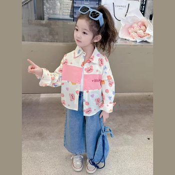 Mergaitėms pavasariniai marškiniai, revero apykaklė, ilgos rankovės, kasdienio stiliaus, 80% medvilnė, amžius 3–8 m., 2025 m. pavasaris