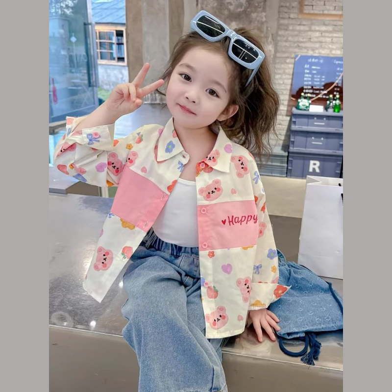 Mergaitėms pavasariniai marškiniai, revero apykaklė, ilgos rankovės, kasdienio stiliaus, 80% medvilnė, amžius 3–8 m., 2025 m. pavasaris