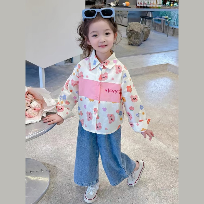 Mergaitėms pavasariniai marškiniai, revero apykaklė, ilgos rankovės, kasdienio stiliaus, 80% medvilnė, amžius 3–8 m., 2025 m. pavasaris