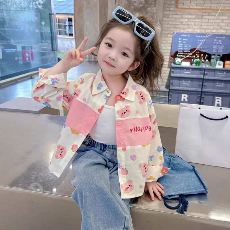 Mergaitėms pavasariniai marškiniai, revero apykaklė, ilgos rankovės, kasdienio stiliaus, 80% medvilnė, amžius 3–8 m., 2025 m. pavasaris