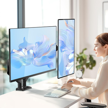 Βάση οθόνης με διπλό βραχίονα και αεριοσύστημα για καμπύλη οθόνη — DT-02; Υλικό: κράμα αλουμινίου; Κατάλληλη για οθόνη και καμπύλη οθόνη; Βάρος: 3,8 kg; Στυλ: περιστροφική