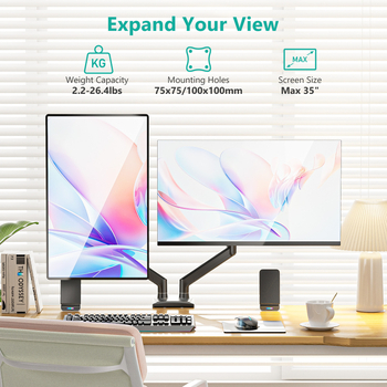 Βάση οθόνης με διπλό βραχίονα και αεριοσύστημα για καμπύλη οθόνη — DT-02; Υλικό: κράμα αλουμινίου; Κατάλληλη για οθόνη και καμπύλη οθόνη; Βάρος: 3,8 kg; Στυλ: περιστροφική