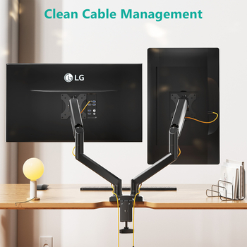 Βάση οθόνης με διπλό βραχίονα και αεριοσύστημα για καμπύλη οθόνη — DT-02; Υλικό: κράμα αλουμινίου; Κατάλληλη για οθόνη και καμπύλη οθόνη; Βάρος: 3,8 kg; Στυλ: περιστροφική