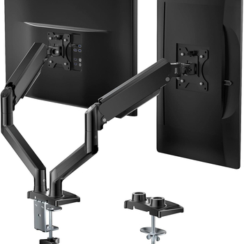 Βάση οθόνης με διπλό βραχίονα και αεριοσύστημα για καμπύλη οθόνη — DT-02; Υλικό: κράμα αλουμινίου; Κατάλληλη για οθόνη και καμπύλη οθόνη; Βάρος: 3,8 kg; Στυλ: περιστροφική