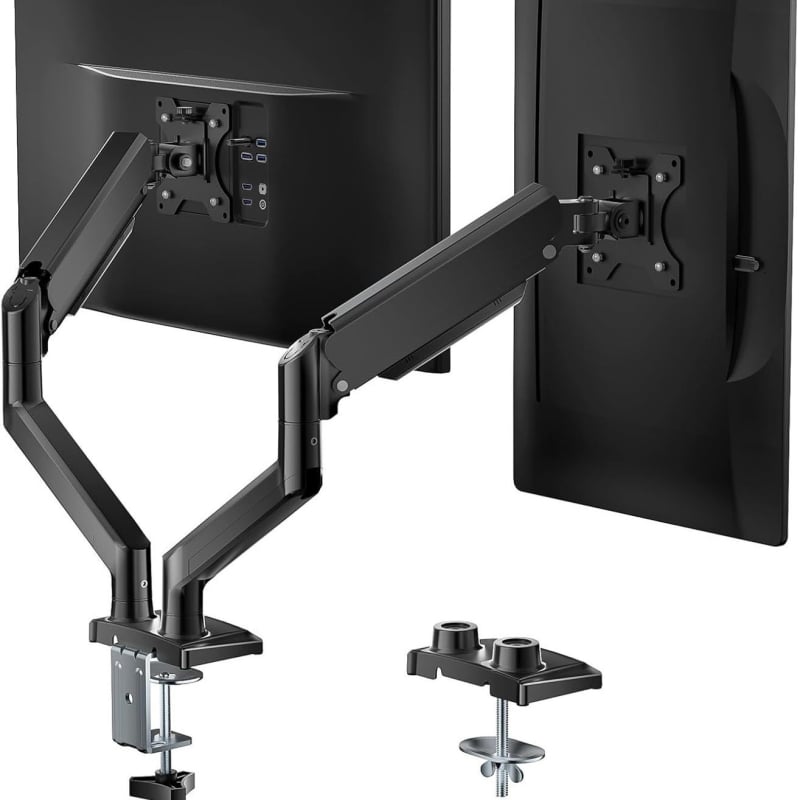 Βάση οθόνης με διπλό βραχίονα και αεριοσύστημα για καμπύλη οθόνη — DT-02; Υλικό: κράμα αλουμινίου; Κατάλληλη για οθόνη και καμπύλη οθόνη; Βάρος: 3,8 kg; Στυλ: περιστροφική