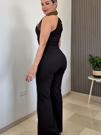 P2034 Ολόσωμο φόρμα με έναν ώμο, χωρίς μανίκια, ψηλή μέση, ίσια παντελόνια, ύφασμα Milk Silk Brushed