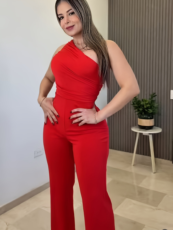 P2034 Sieviešu kombinezonas ar vienu plecu, bez piedurknēm, augsta viduklis, taisns siluets, garas bikses, Milk Silk Brushed audums