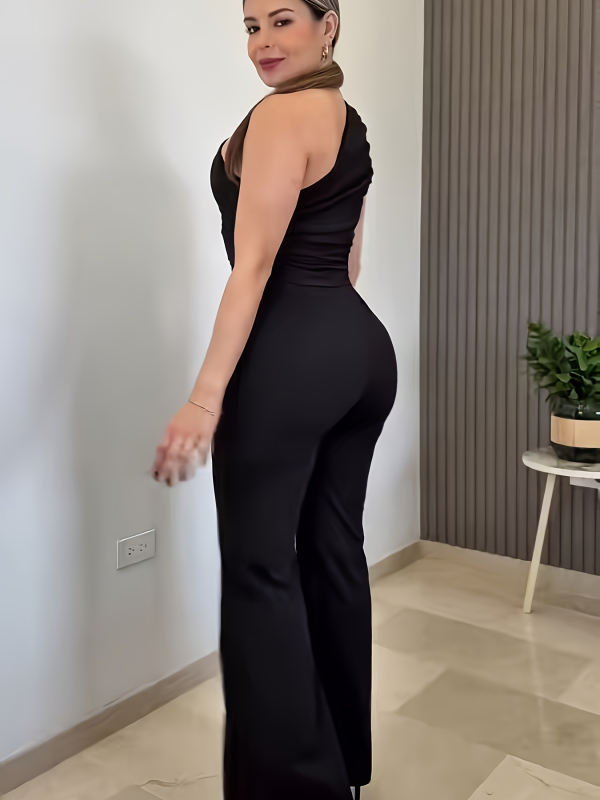 P2034 Sieviešu kombinezonas ar vienu plecu, bez piedurknēm, augsta viduklis, taisns siluets, garas bikses, Milk Silk Brushed audums