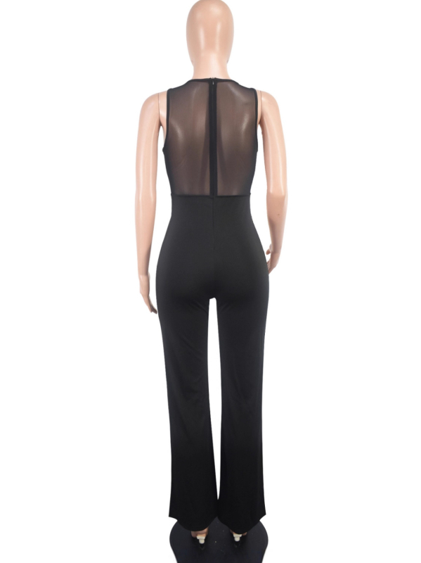 9814 Elegants pilsētas bodijs ar tīklu augšdaļu un taisniem biksēm no poliestera, bez piedurknēm, vidējā josta