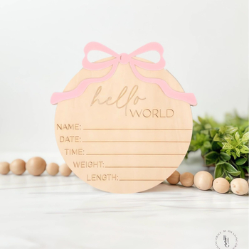 Ξύλινο κρεμαστό για ανακοίνωση γέννησης μωρού με φιόγκο, μοντέρνο μινιμαλιστικό στυλ