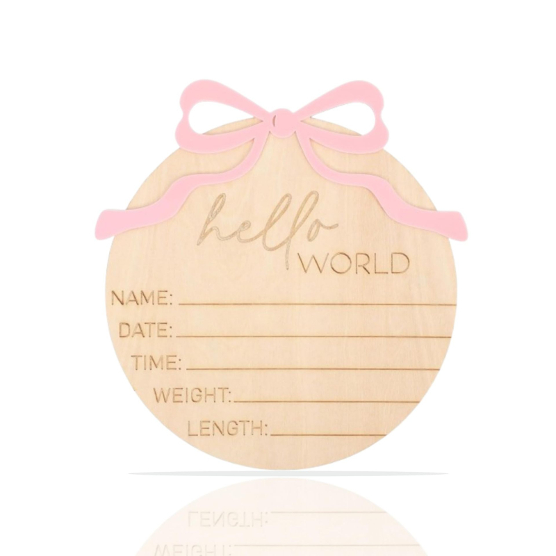 Ξύλινο κρεμαστό για ανακοίνωση γέννησης μωρού με φιόγκο, μοντέρνο μινιμαλιστικό στυλ