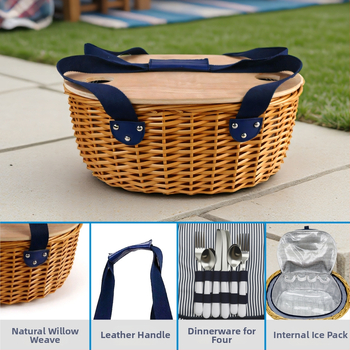 Σετ πλεκτό καλάθι πικνίκ από ιτιά με μαχαιροπίρουνα, τραπέζι, μονωμένο και με λαβή — Μοντέλο ZQ24-447 A