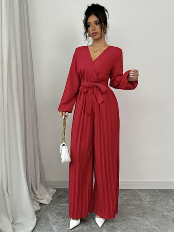 Γυναικείος ολόσωμος τζάμπσουτ με ψηλή μέση, φαρδιά παντελόνια, φουσκωτά μανίκια, V-λαιμόκοψη, πολυεστέρας