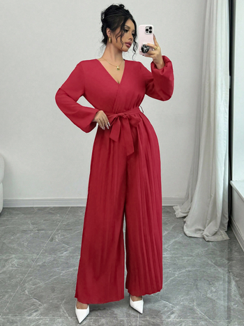 Γυναικείος ολόσωμος τζάμπσουτ με ψηλή μέση, φαρδιά παντελόνια, φουσκωτά μανίκια, V-λαιμόκοψη, πολυεστέρας