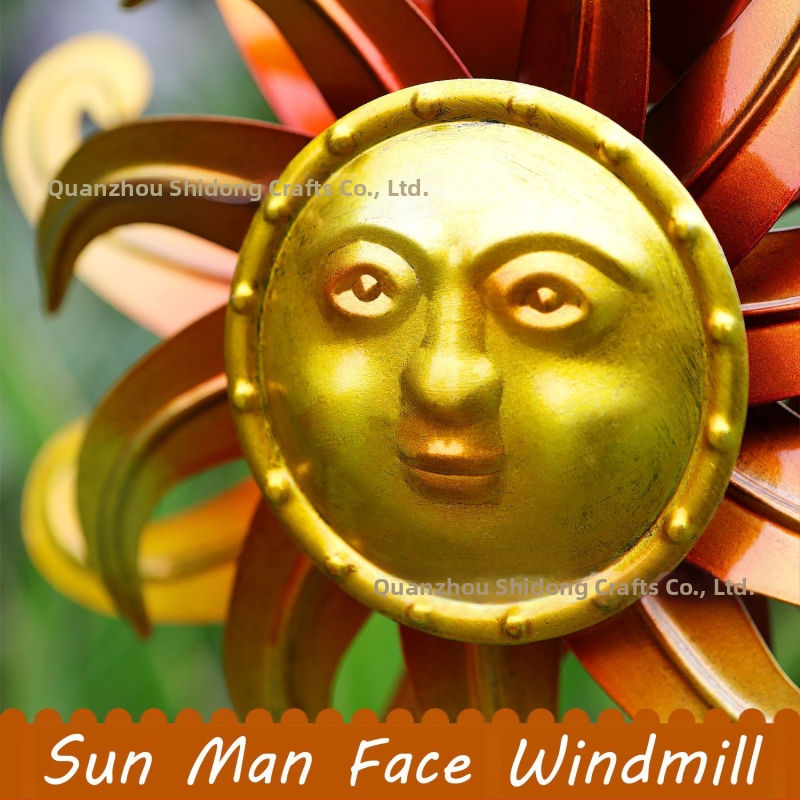 Záhradný kovový veterný mlyn so dvojitou tvárou slnka – moderný umelecký dekor