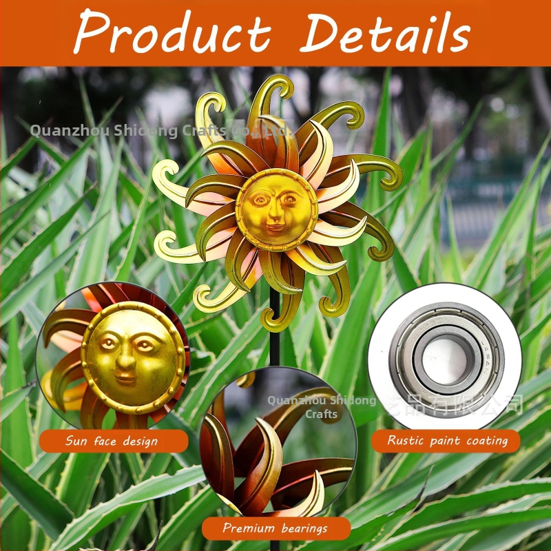 Záhradný kovový veterný mlyn so dvojitou tvárou slnka – moderný umelecký dekor