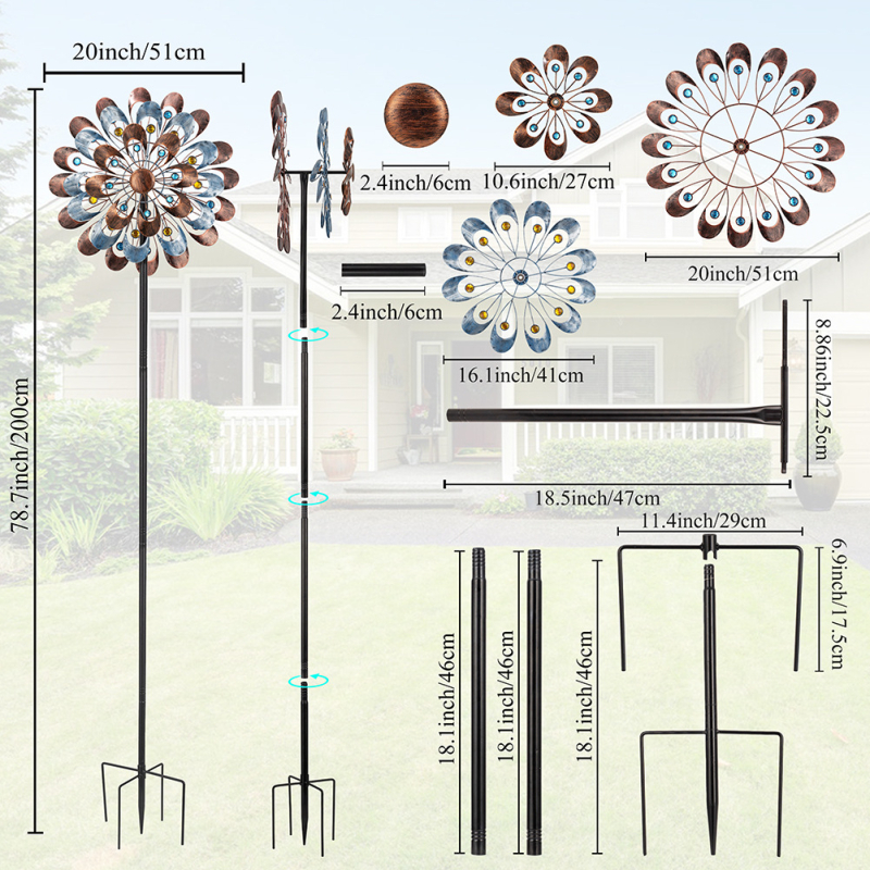 Dzelzs rotējošais vējdzirnavas dekors dārzam un āra telpām (Materiāls: Dzelzs; Ražošana: daļēji roku darbs un daļēji mehānisks; Svars: 1400 g)