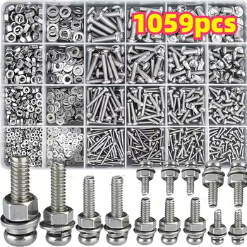 Σετ βιδών και παξιμαδιών, 1059 τεμ., κεφαλή παν, ανοξείδωτο ατσάλι A2-70, GB/T 818