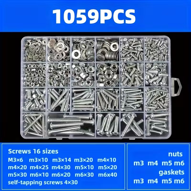 Σετ βιδών και παξιμαδιών, 1059 τεμ., κεφαλή παν, ανοξείδωτο ατσάλι A2-70, GB/T 818