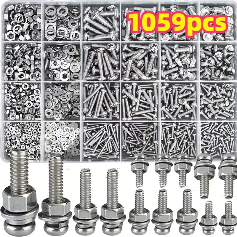 Σετ βιδών και παξιμαδιών, 1059 τεμ., κεφαλή παν, ανοξείδωτο ατσάλι A2-70, GB/T 818