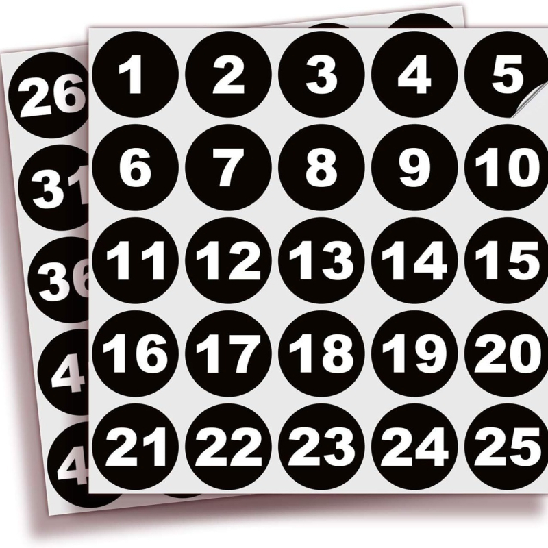 Serijinių numerių lipdukai, kvadratiniai, varinės plokštės lipnios, nuimamas klijus, 0.1 mm storis, 25 vnt./lapa